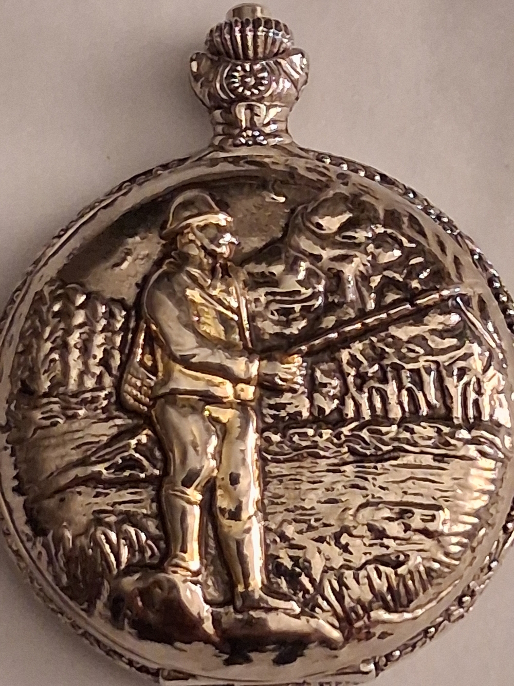 Silver Fisherman Pocket Watch Accent with Raised Relief